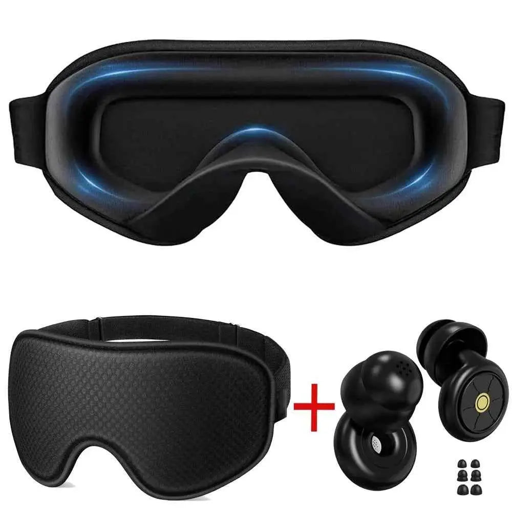 Black 3D sleep eye mask with ergonomic design and black noise-canceling earbuds set, ideal for total darkness and quiet sleep.
