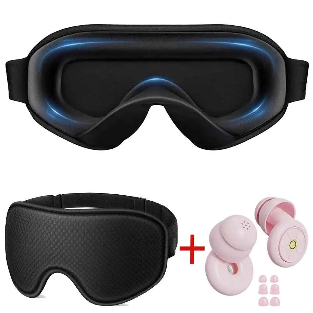 Black 3D sleep eye mask with pink noise-canceling earbuds, offering pressure-free eye coverage and enhanced sleep quality.