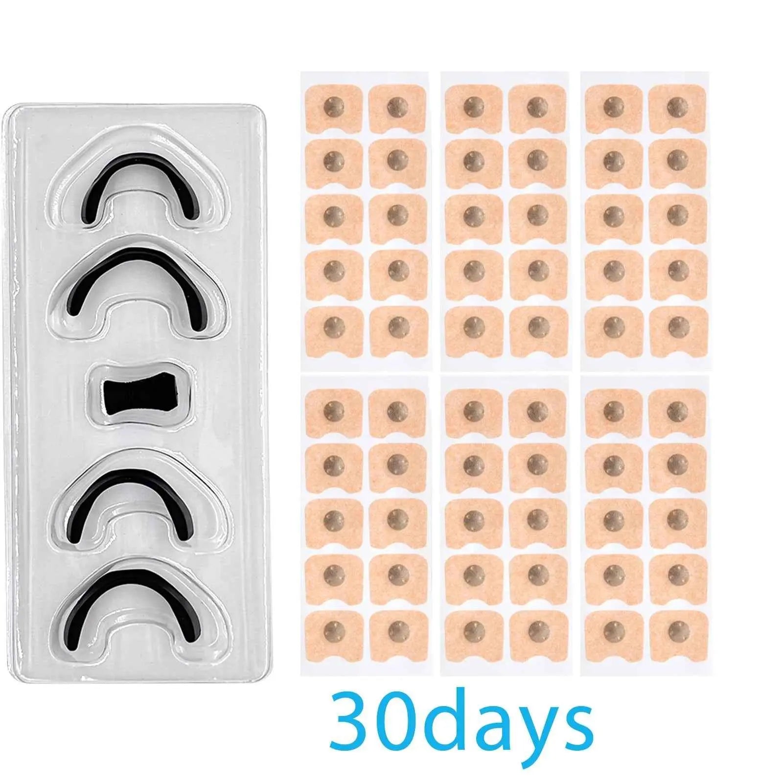 Nasal breathing dilators 30-day supply with magnetic steel discs and adhesive patches for snoring relief and improved sleep quality.