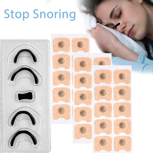 Nasal breathing dilators kit shown with woman sleeping peacefully, designed to reduce snoring and enhance airflow during sleep.