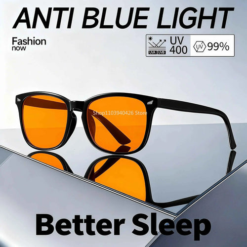 Blue light blocking glasses with orange lenses and UV400 protection, designed to reduce eye strain and improve sleep quality.