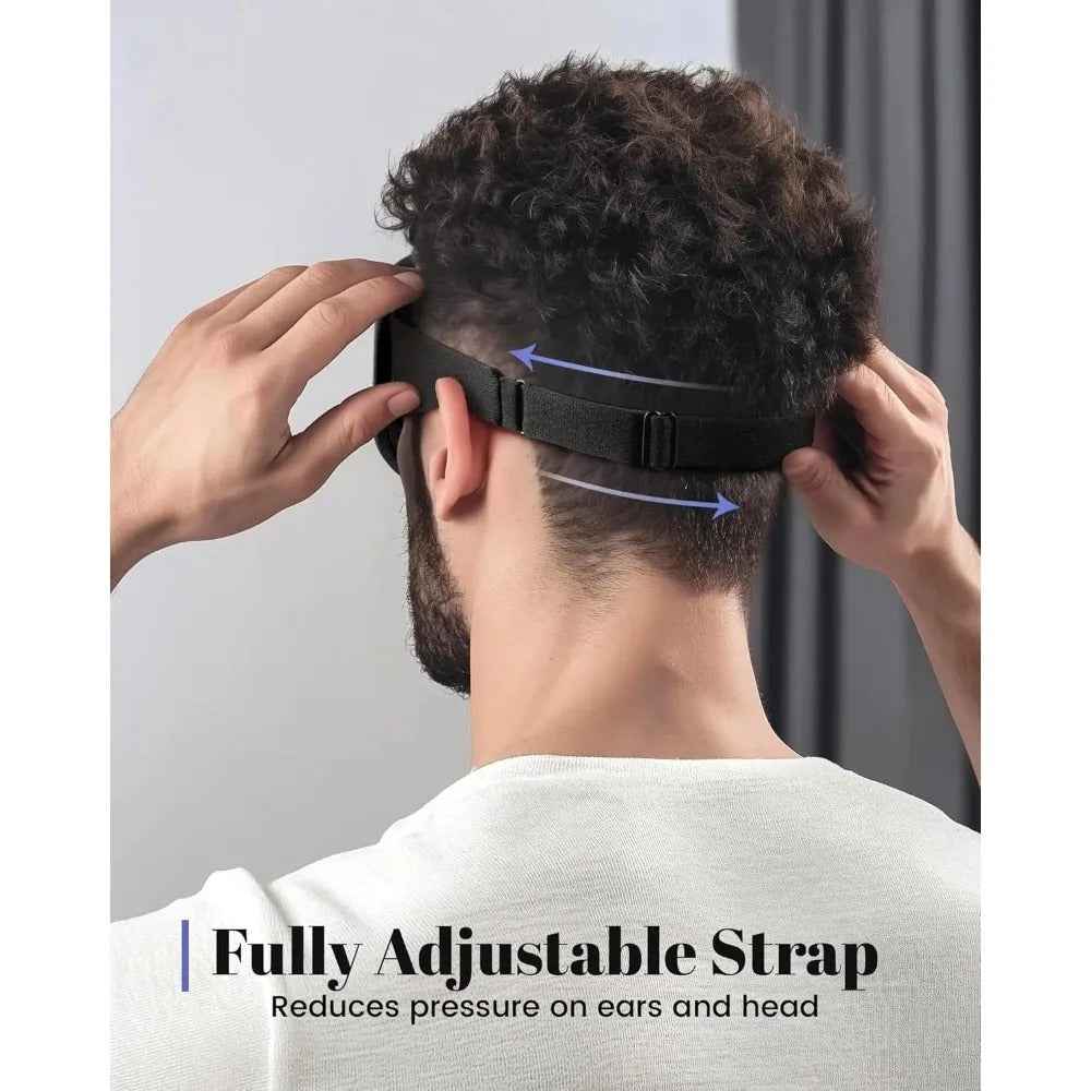 Man adjusting the fully adjustable strap of a black 3D sleep eye mask, designed to reduce pressure on ears and head.