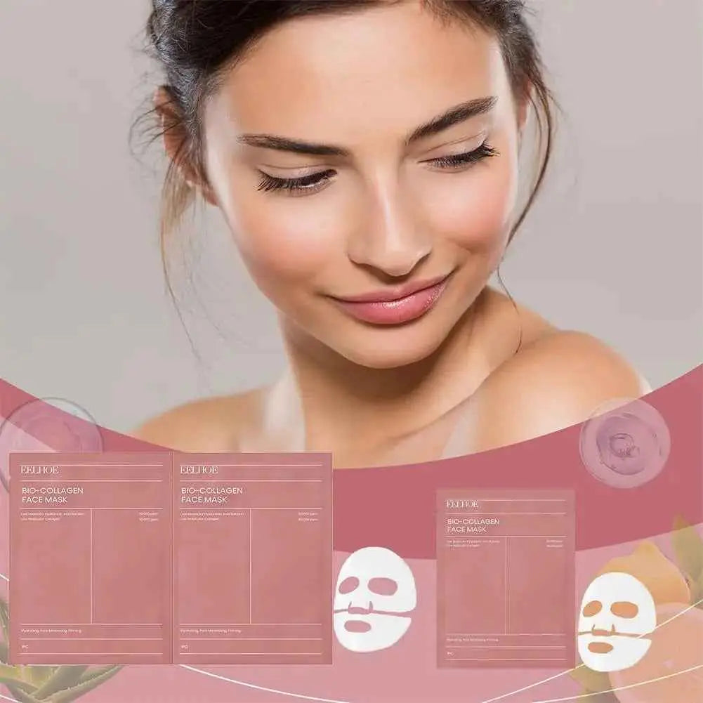 Collagen mask packs displayed with smiling woman and skincare elements, promoting deep hydration and skin rejuvenation while you sleep.