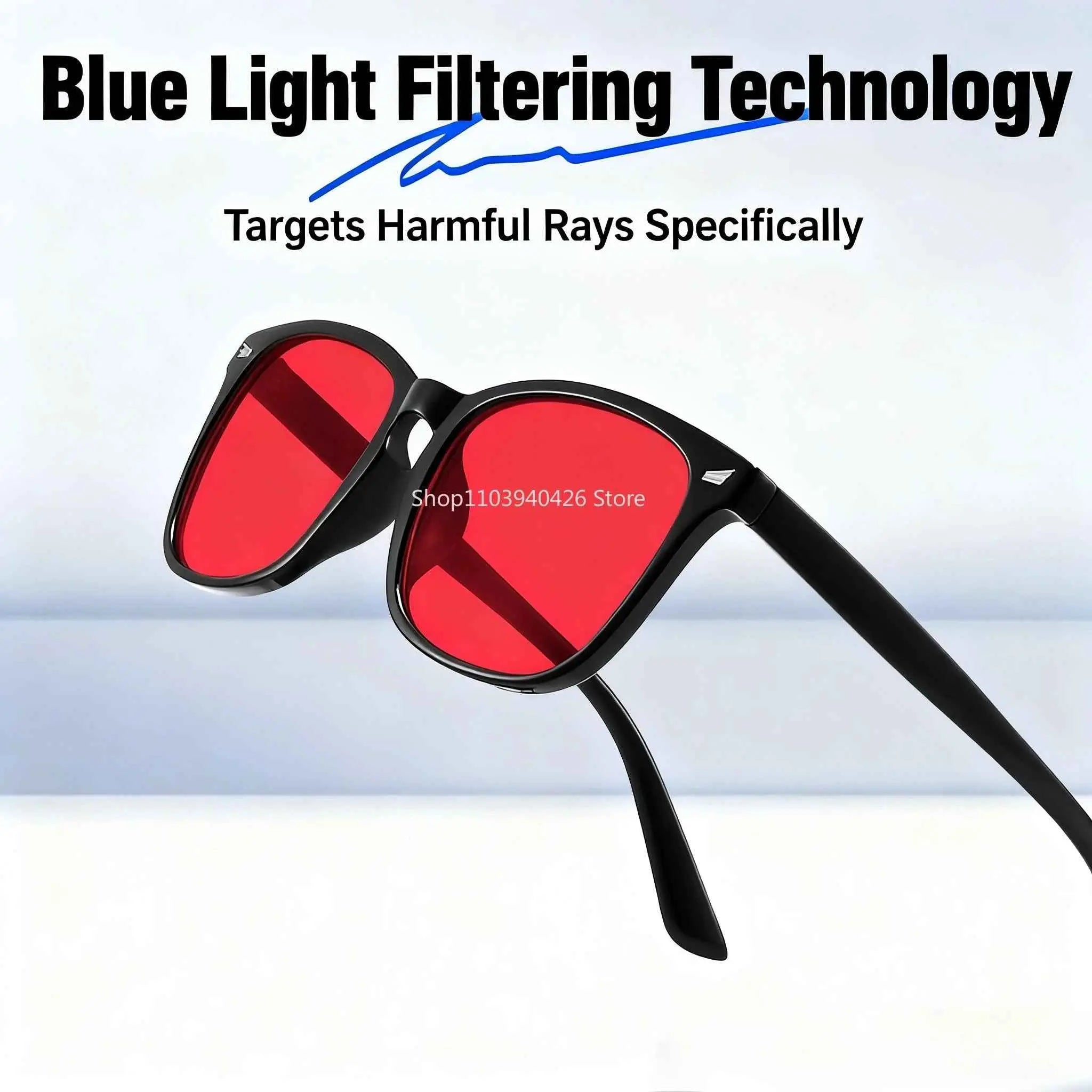 Close-up of red lens blue light blocking glasses showcasing advanced filtering technology that targets harmful rays.