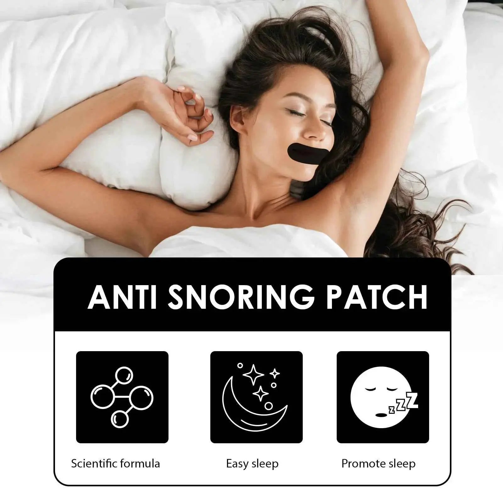 Woman using anti-snoring Mouth Tape for Better Sleep, promoting restful sleep with scientific formula and easy application.