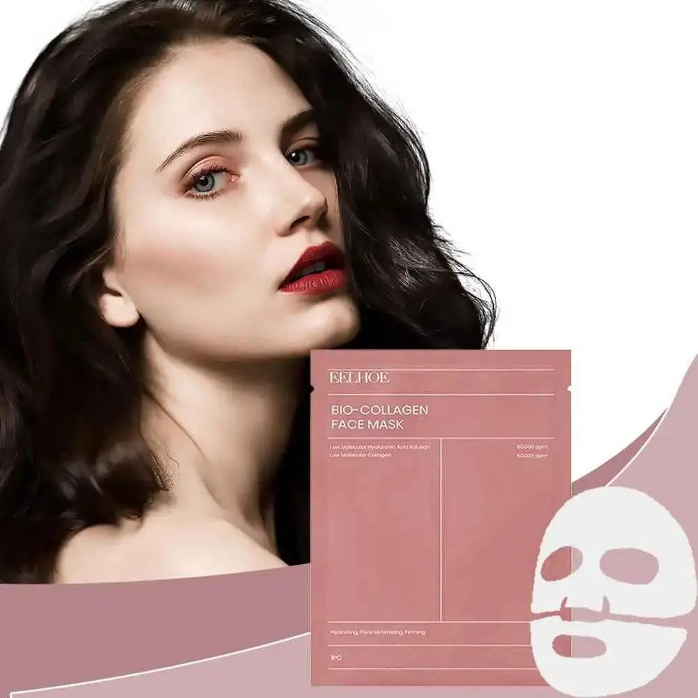 Collagen mask shown with model and product packaging, highlighting benefits of youthful, nourished skin in nighttime skincare regimen.