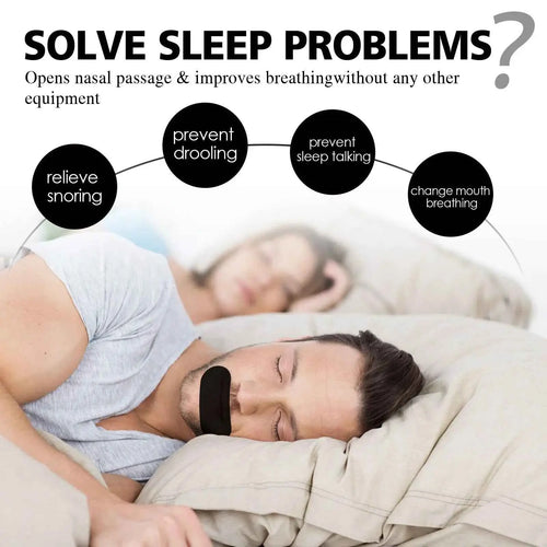 Man sleeping with Mouth Tape for Better Sleep, highlighting benefits like reduced snoring, drooling, and improved nasal breathing.