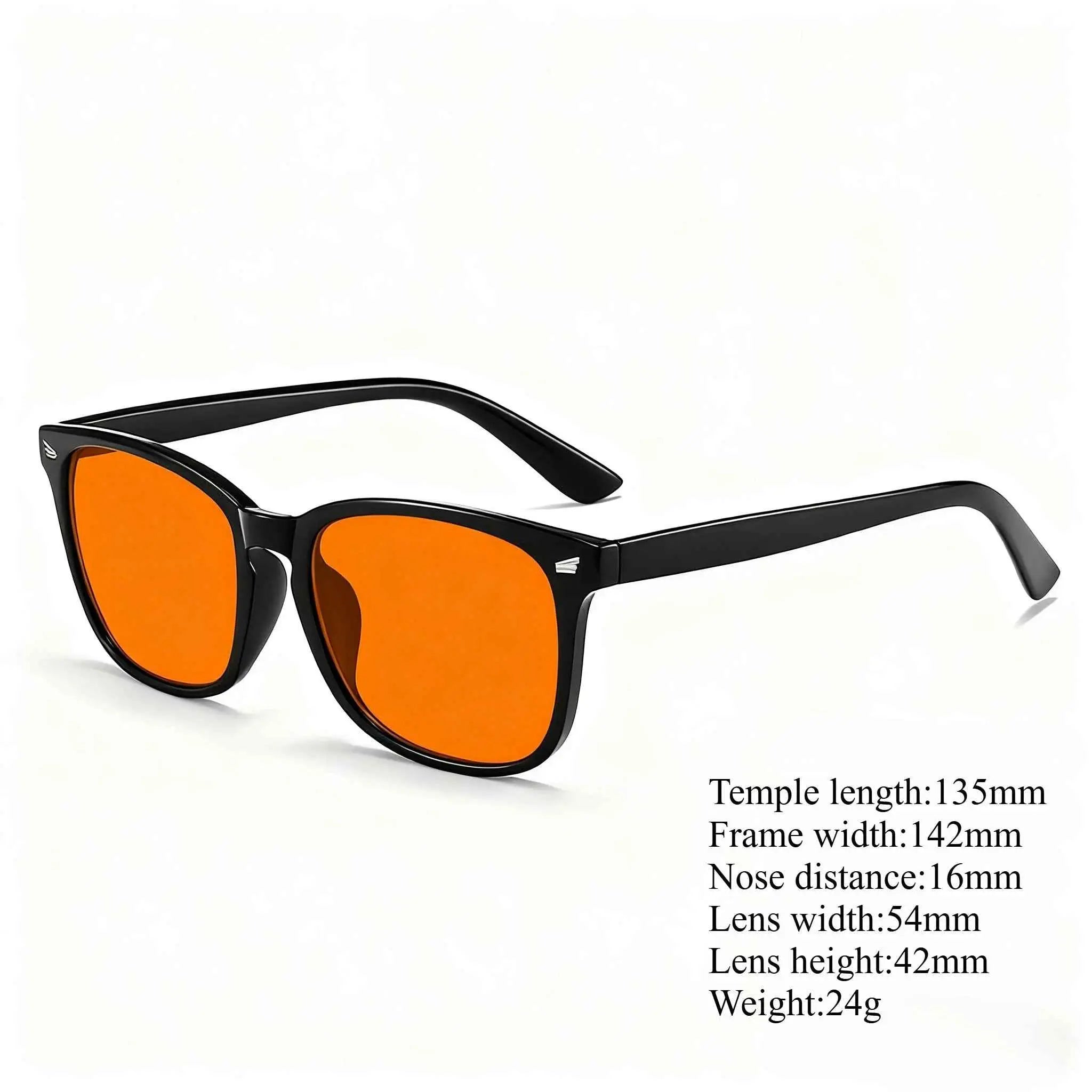 Black frame blue light blocking glasses with orange lenses, featuring detailed dimensions for optimal fit and comfort.
