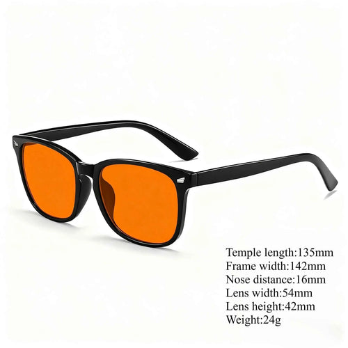 Black frame blue light blocking glasses with orange lenses, featuring detailed dimensions for optimal fit and comfort.