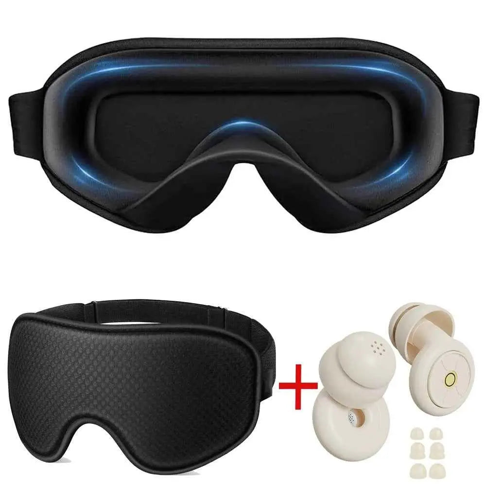 Black 3D sleep eye mask paired with white noise-canceling earbuds, designed for full light blocking and restful sleep.