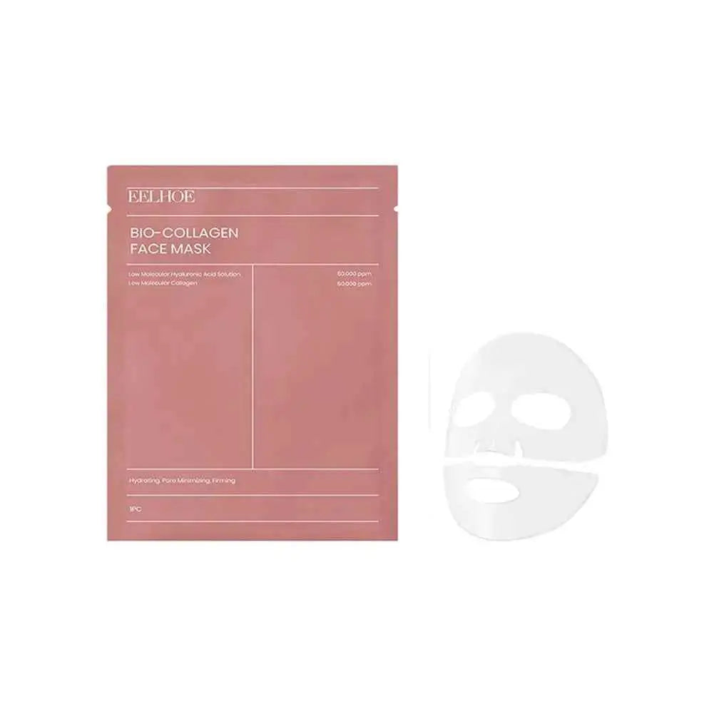 Collagen mask product packaging with unfolded white sheet mask, ideal for overnight skin repair and hydration in skincare routine.