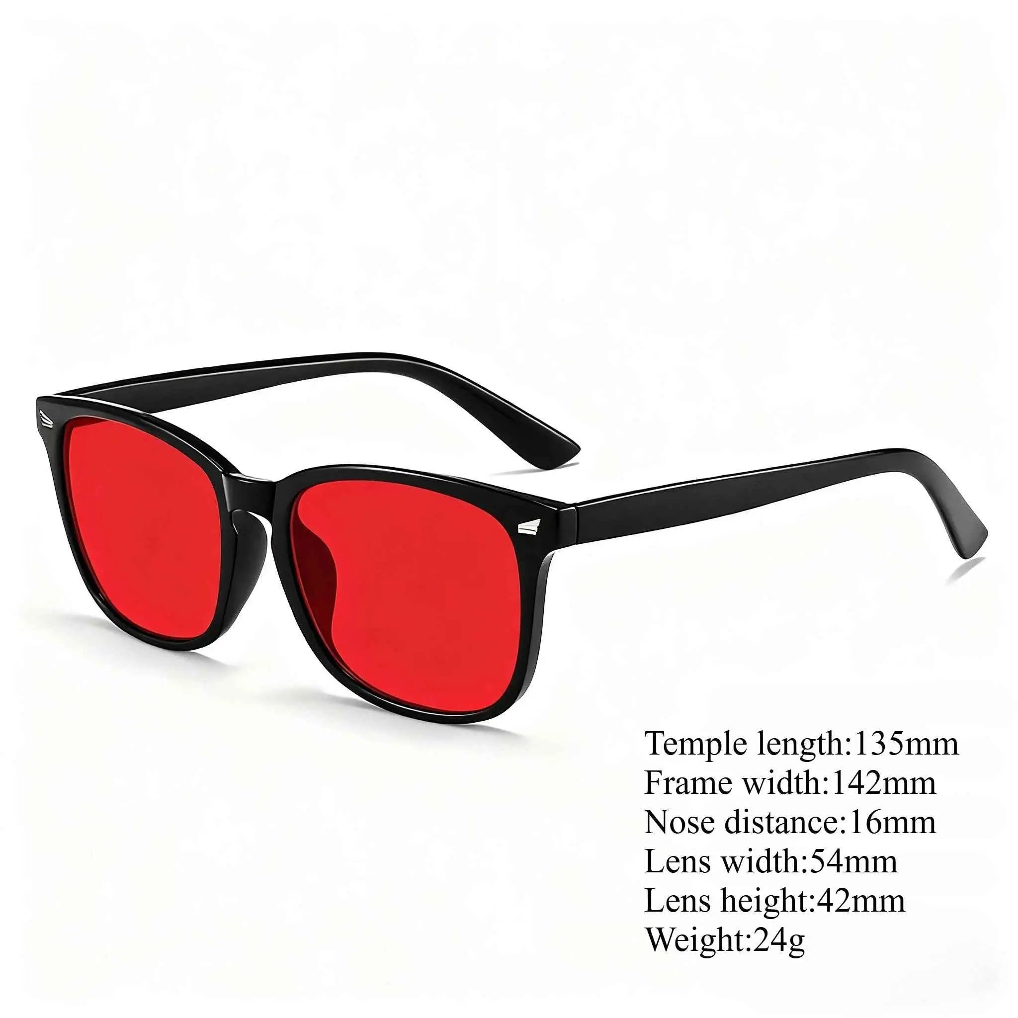 Red lens blue light blocking glasses with black frame, offering full specifications for effective vision care and sleep enhancement.