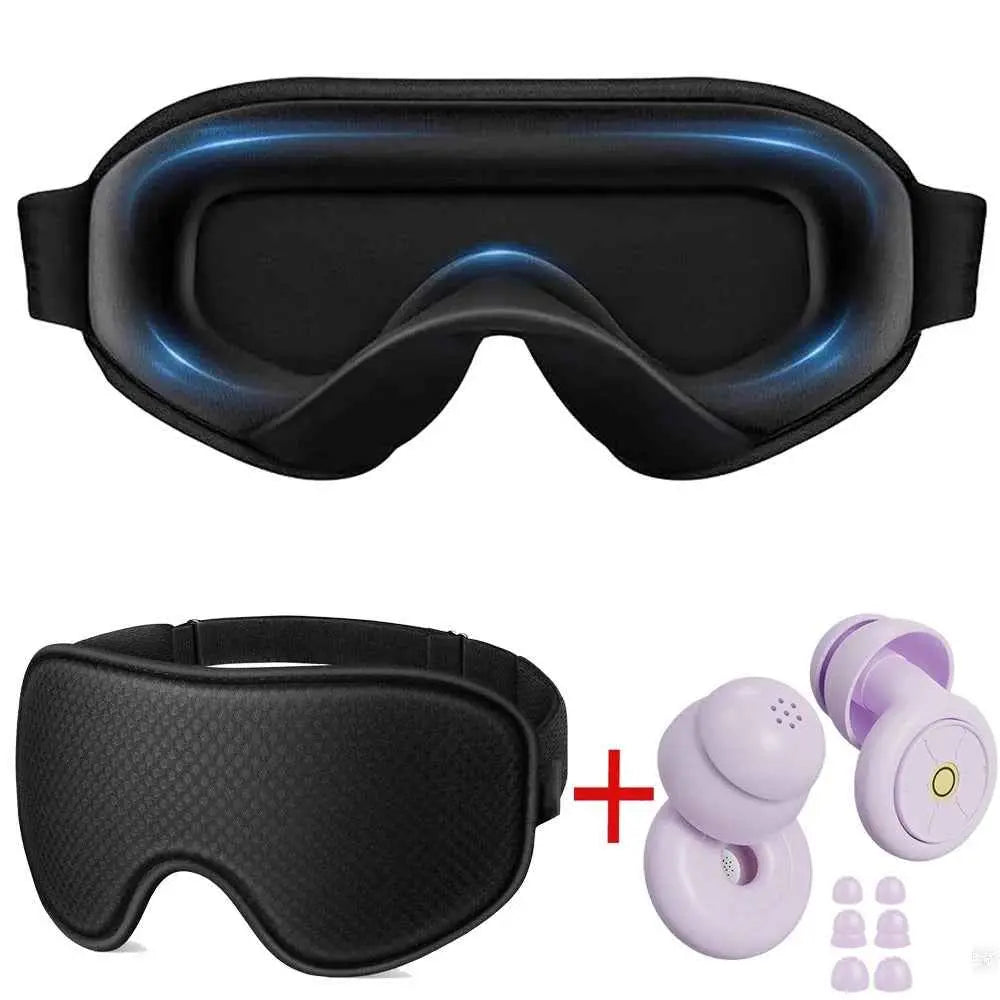 Black 3D sleep eye mask with purple noise-canceling earbuds, perfect for light-sensitive sleepers seeking comfort and silence.